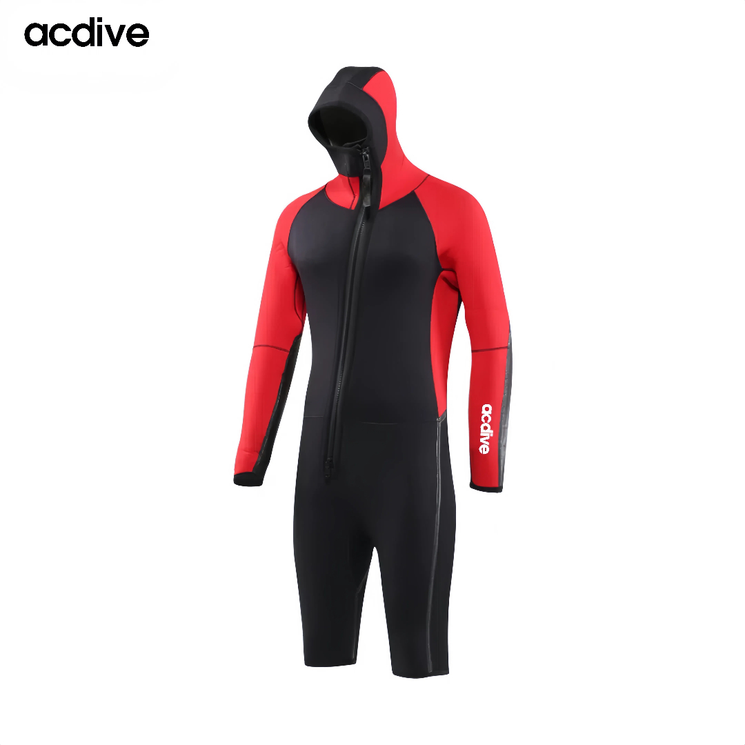 Customized 5mm Men Glued Slant Zip Neoprene Long Sleeve Johns Short Leg Hooded Canoeing Kayaking Diving Wetsuit