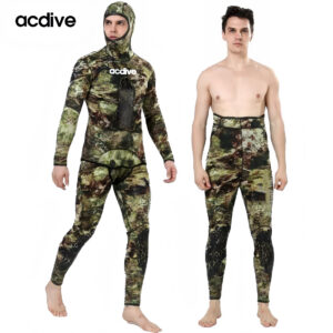 Acdive New 5mm Mens 2 Pieces OEM ODM Camo Stretchy Neoprene Spearfishing Free Diving Thermal Hooded Wetsuit