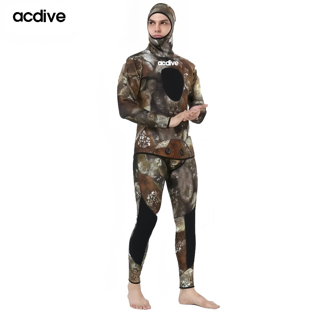 Thermal 5mm Neoprene Men 2PCS Camo Hoodie Diving Spearfishing Fasteners Wetsuits - Image 2