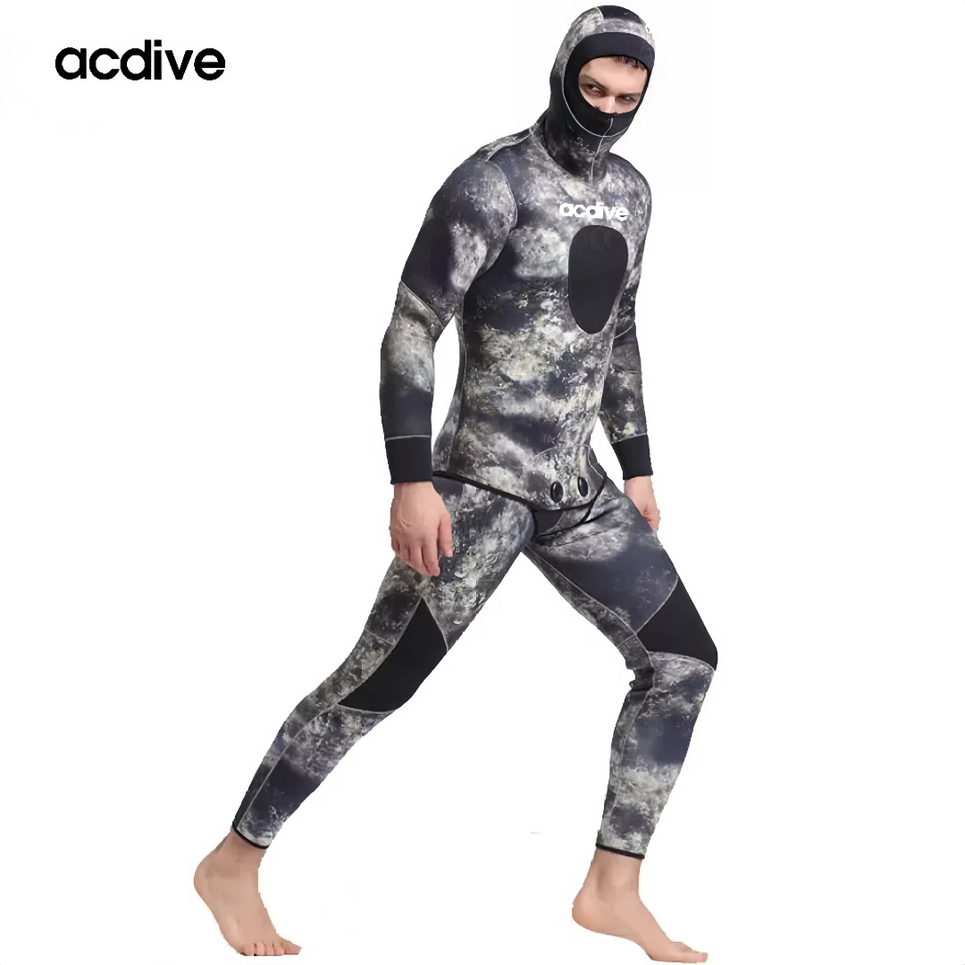 Professional Spearfishing Scuba Diving 2 Pieces Men Camo 5mm Neoprene Thermal Customized Hoodie Wetsuit - Image 3