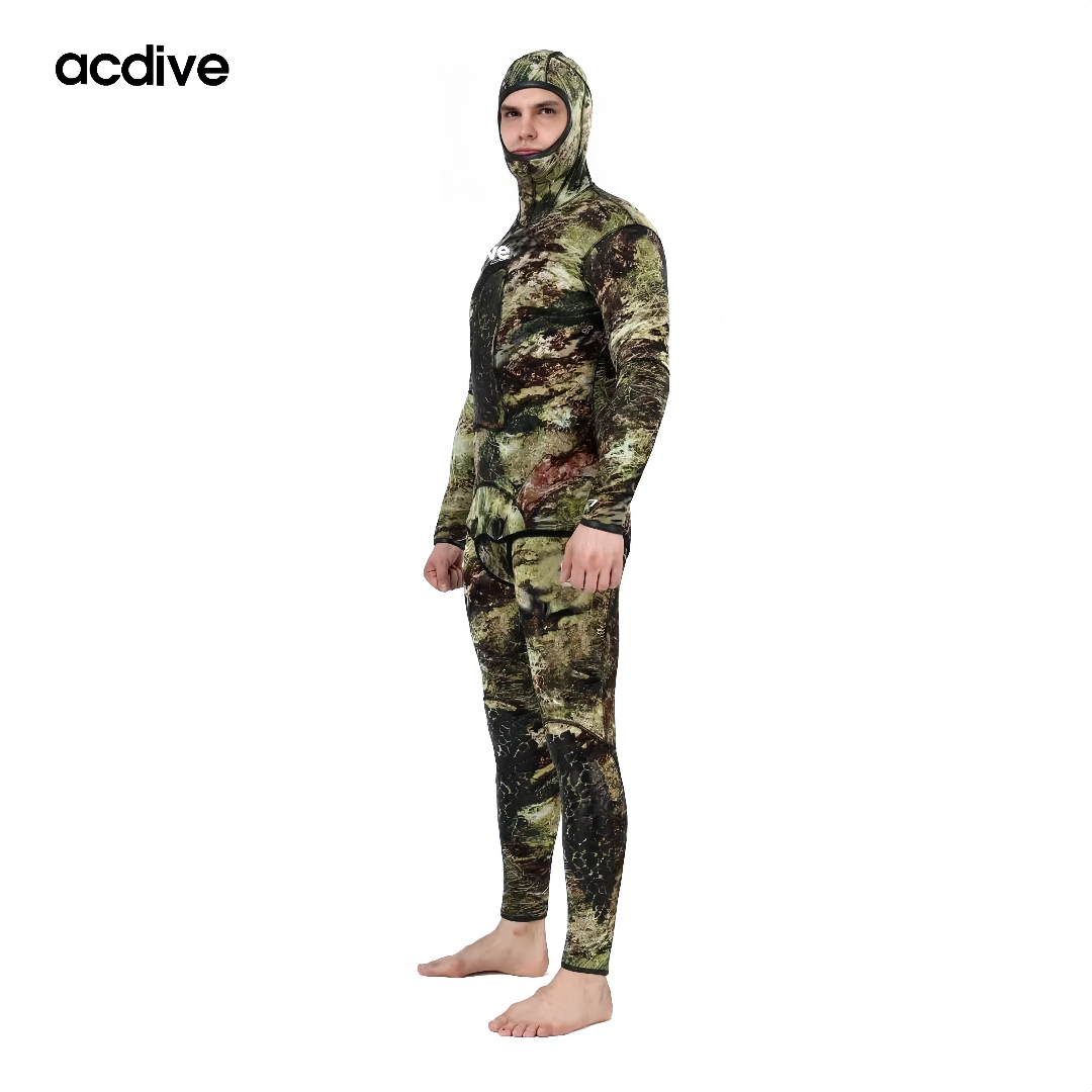 Acdive New 5mm Mens 2 Pieces OEM ODM Camo Stretchy Neoprene Spearfishing Free Diving Thermal Hooded Wetsuit - Image 2